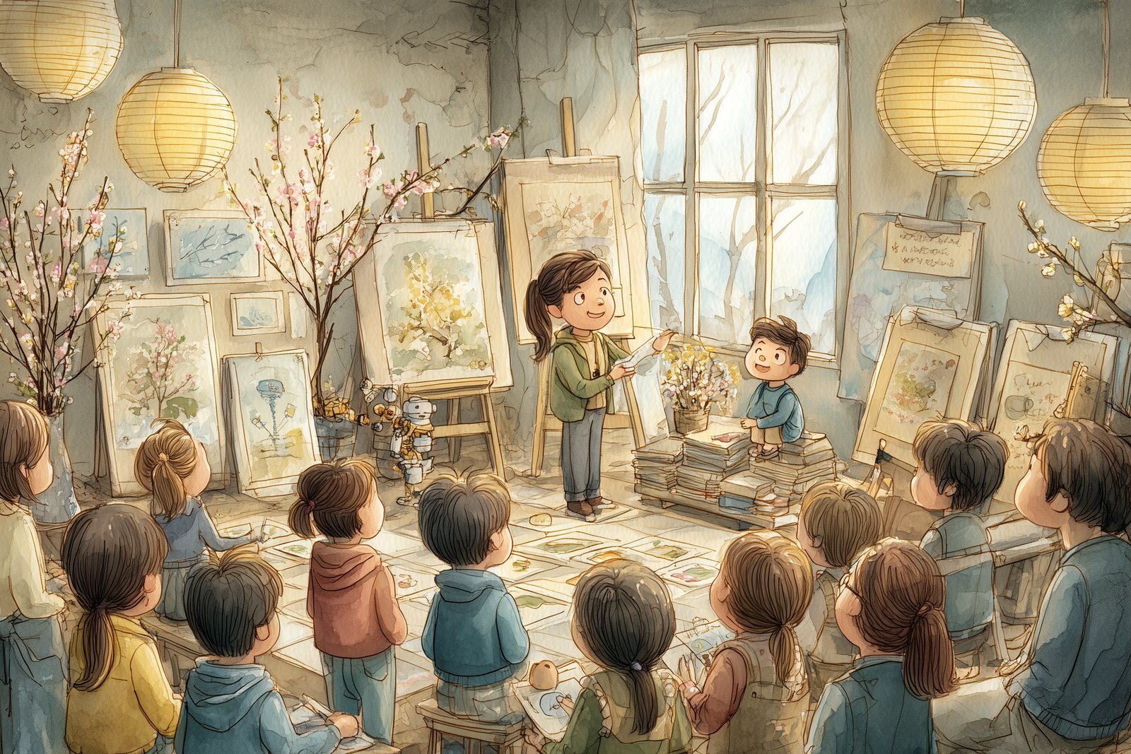 春の明るいホールで、絵やパネルを並べた展示を前に一年をふり返って発表する子どもと、耳を傾ける保護者たちの水彩イラスト