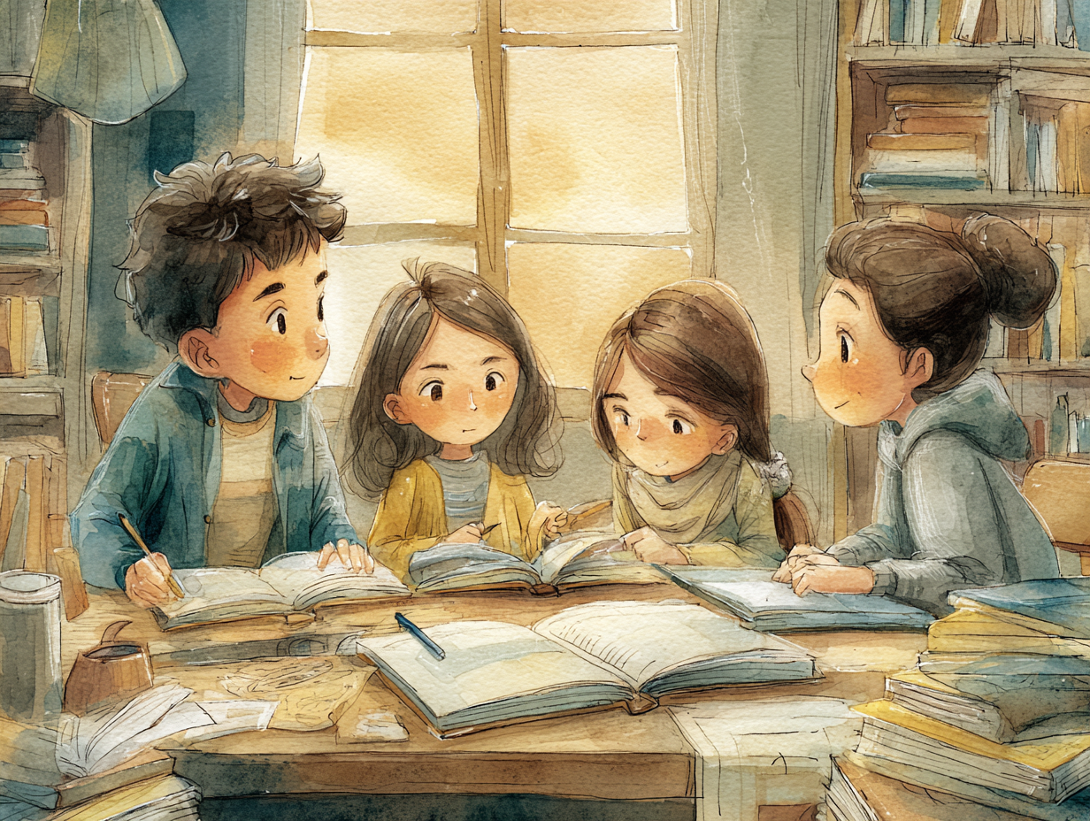 放課後の教室で、机に本を広げて一緒に読む中高生たちの水彩イラスト