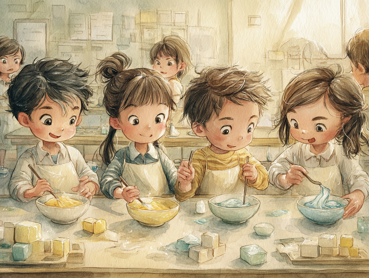 教室の机で色とりどりのスライムを作り、手触りを比べる小学生たちの水彩イラスト