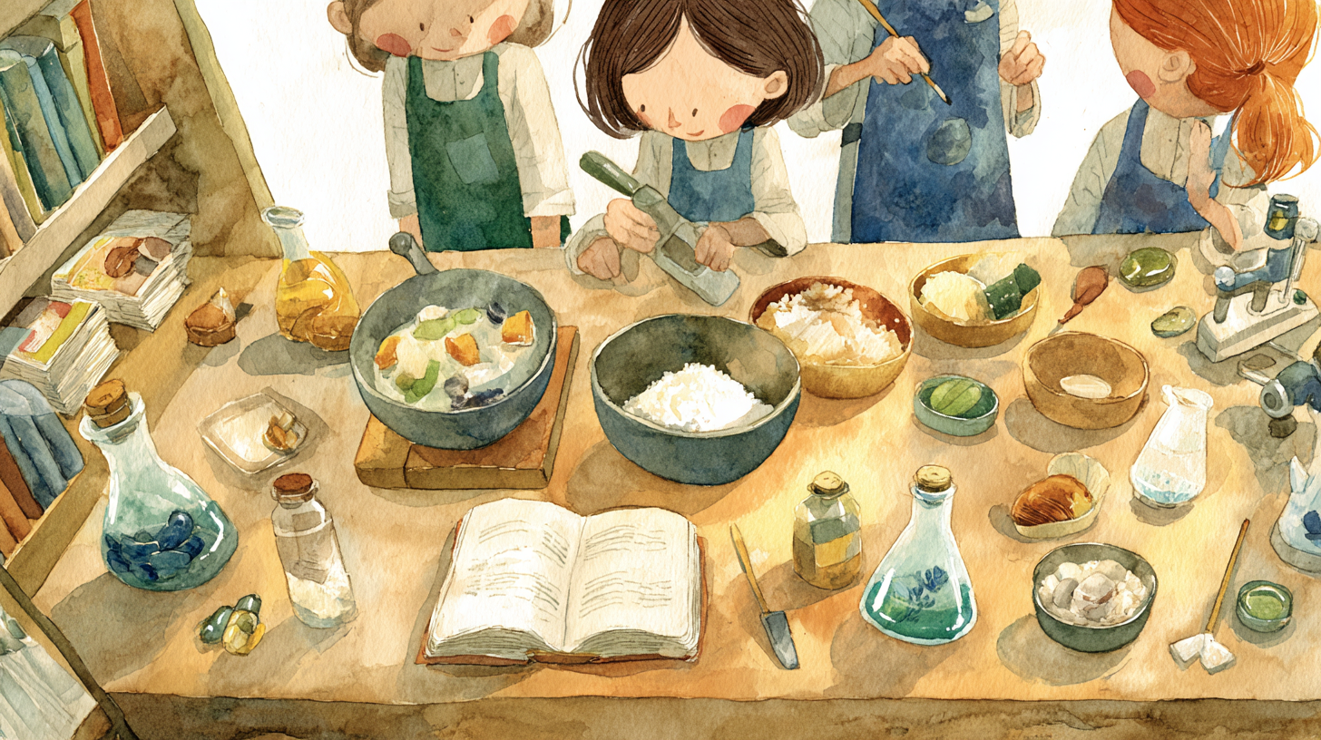 食育・科学実験の様子 — エプロン姿の子どもたちが食材と実験器具に向かう水彩画