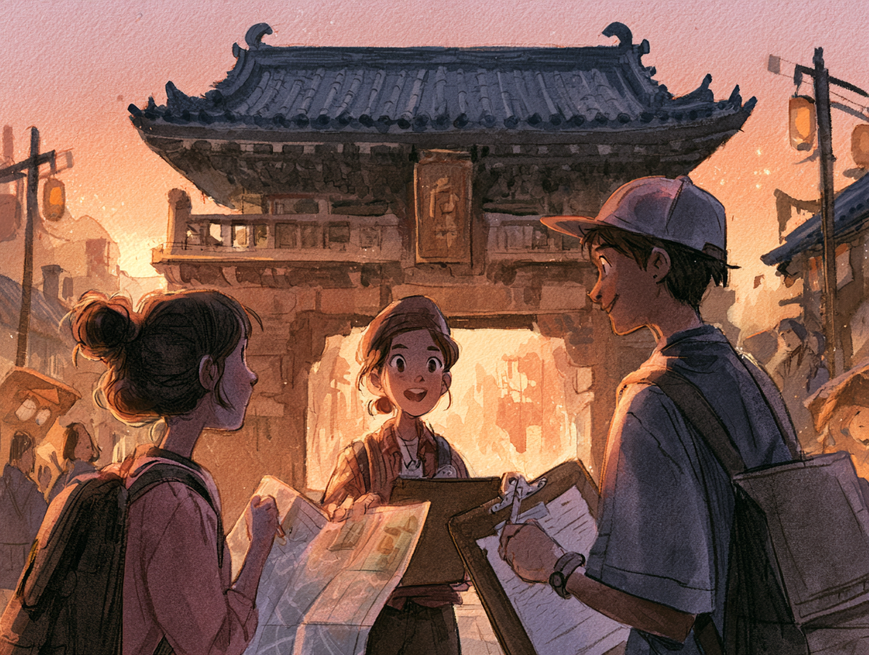 narZE 地域調査活動 — 夕暮れの町で地図とクリップボードを手にお寺の門の前でメモを取る中高生たちの水彩画