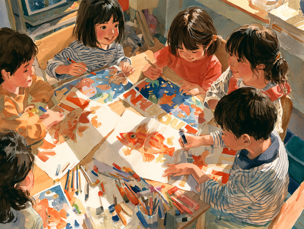 narZE 水族館のポスター作り — 画用紙に大きな魚の絵と題名を描く小学生たちの水彩画