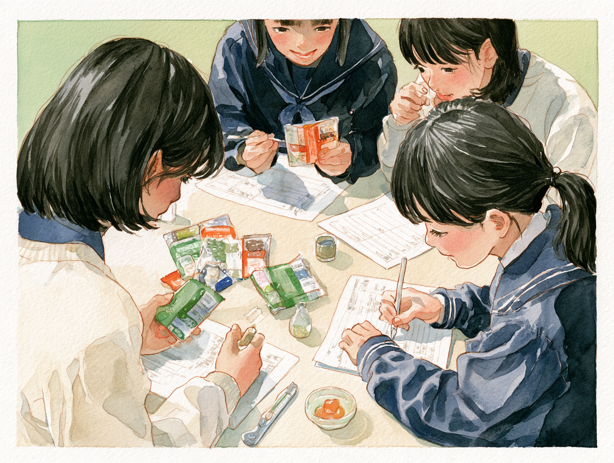 narZE 食育活動 — 机の上のお菓子の原材料表示を見比べ、記録用紙に書き込む中高生たちの水彩画