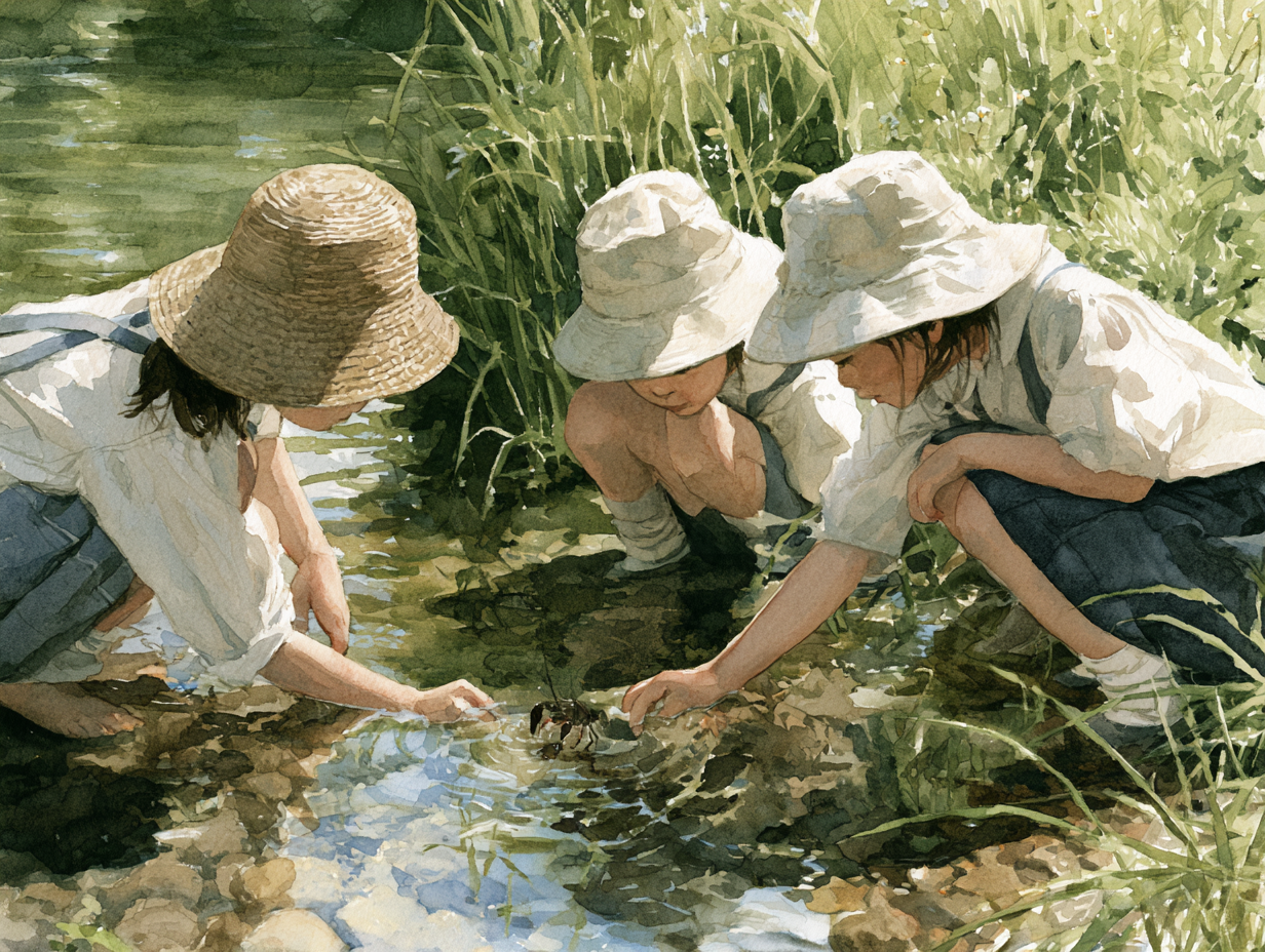 narZE 小川への散歩 — 河川敷近くの小川でしゃがんでザリガニを探す小学生たちの水彩画