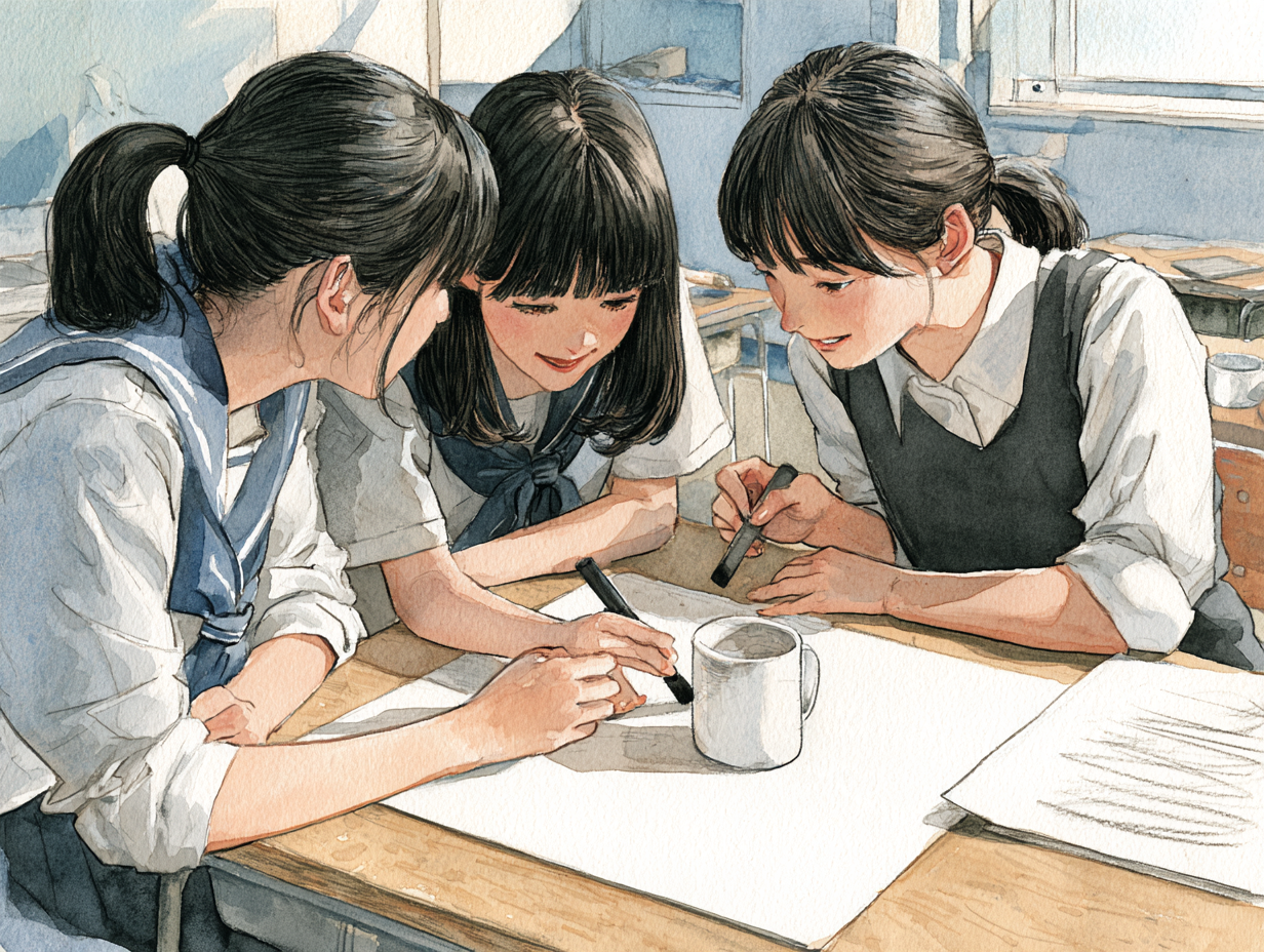 narZE イラスト部 — 机の上のマグカップを木炭で画用紙に描く中高生たちの水彩画