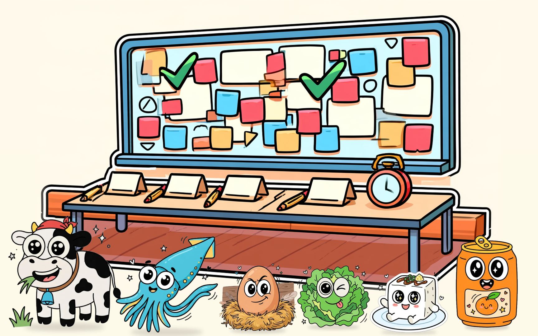 ホワイトボードと机のある会議コーナーに、食育ゲーム「食図鑑」のキャラクターたちが集まっているイラスト
