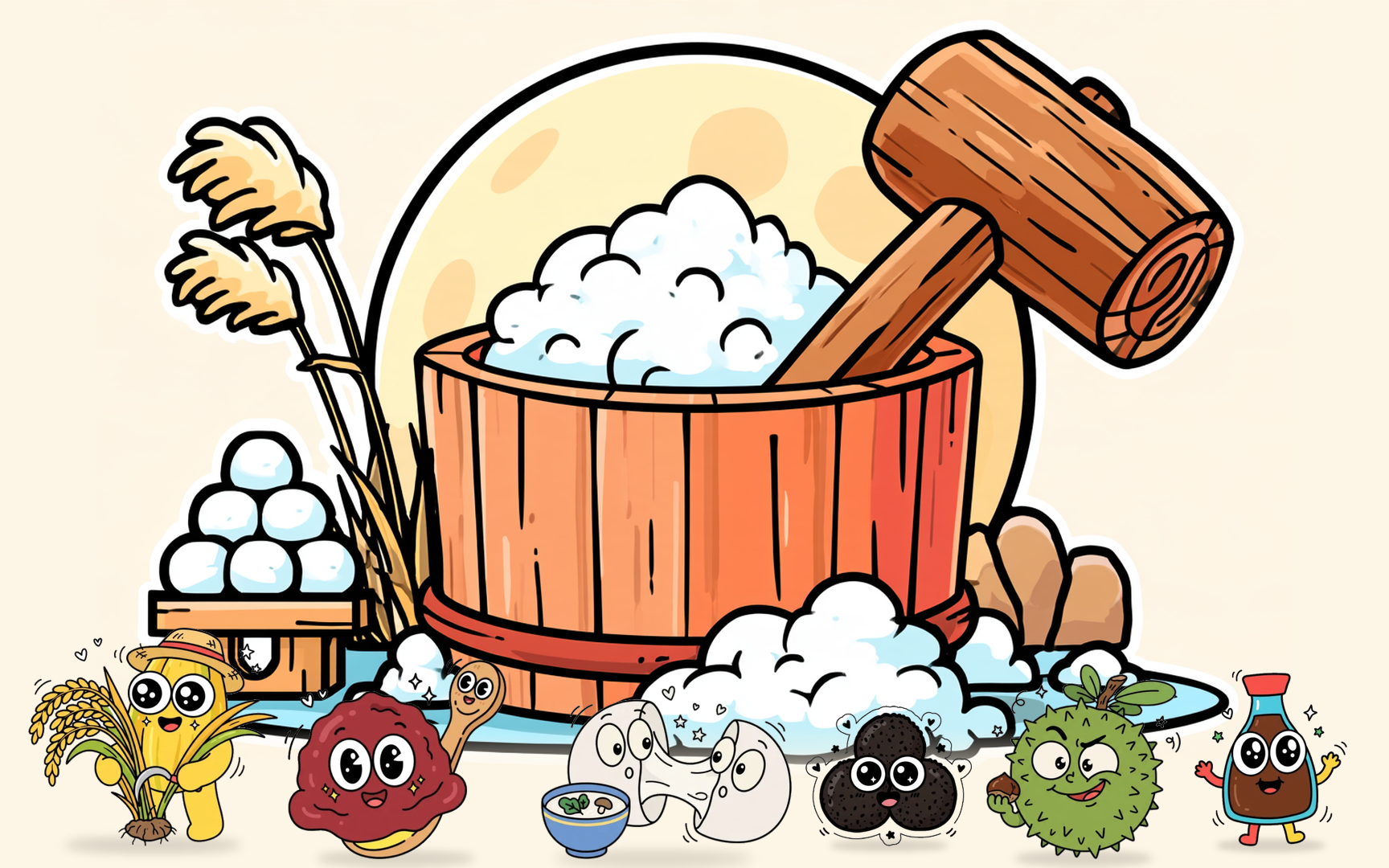 満月を背に、臼と杵のまわりに食育ゲーム「食図鑑」のキャラクターたちが集まっているイラスト