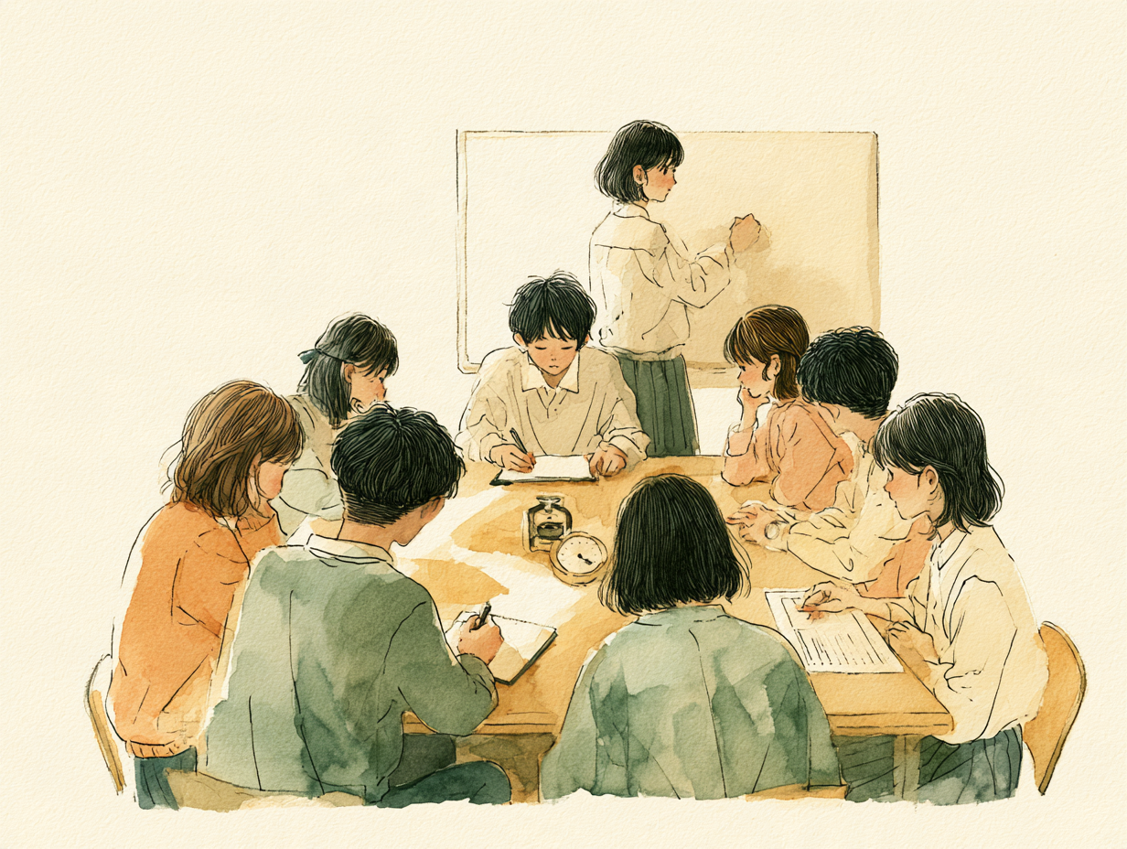narZE リーダーズ会議 — ホワイトボードの前で役割を分けて話し合う中高生たちの水彩画