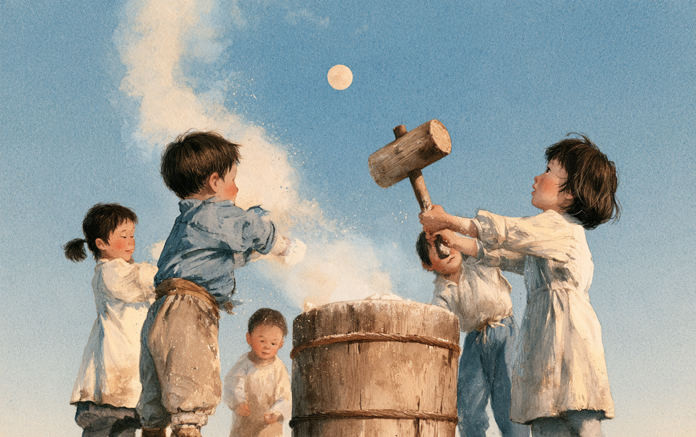 narZE 満月のお餅つき — 臼と杵でお餅をつく子どもたちと、空にうっすら見える満月の水彩画