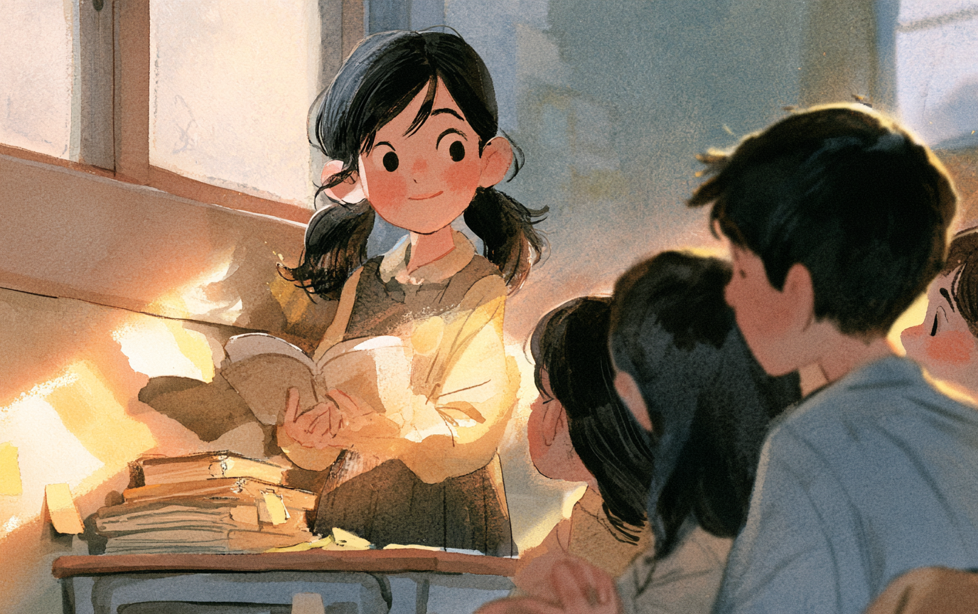 narZE 読書発表会 — ノートを手に、読んだ本の話を友だちに伝える中高生の水彩画