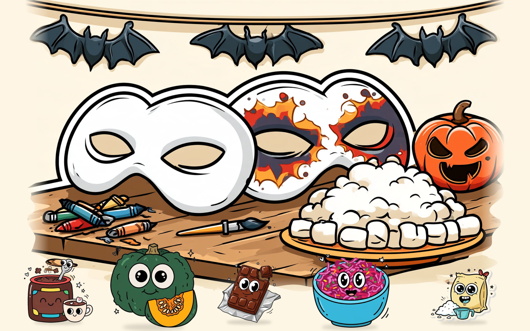 narZE ハロウィン — 白い仮面と模様を描いた仮面、マシュマロのお皿、かぼちゃのランタン、こうもりの飾りのイラスト