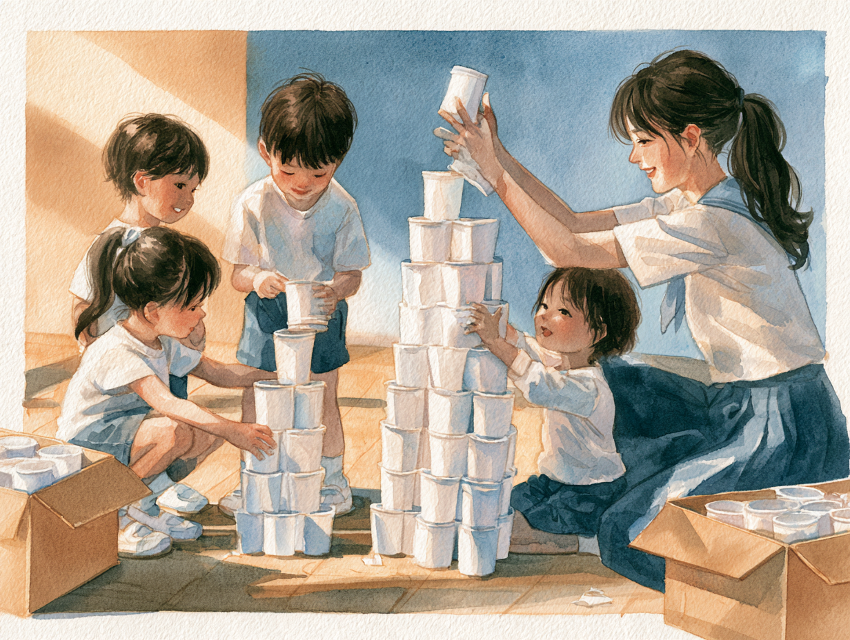 narZE 小学生の活動 — 教室の床で白い紙コップを高く積み上げる小学生たちと、手伝う高校生の水彩画
