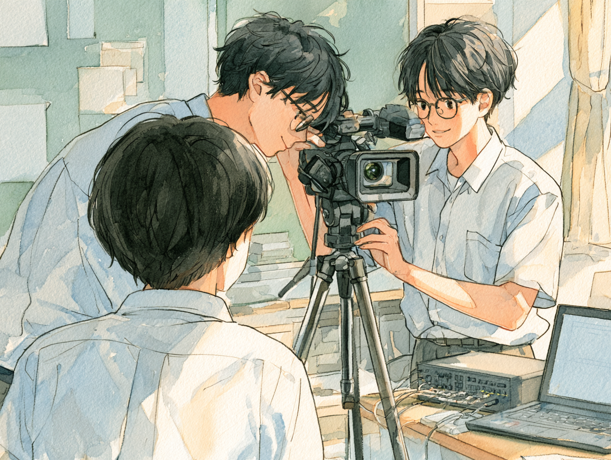narZE 撮影班 — 三脚に載せたビデオカメラの前で、設置の手順を見せながら説明する中高生と、それを見ている新しいメンバーの水彩画