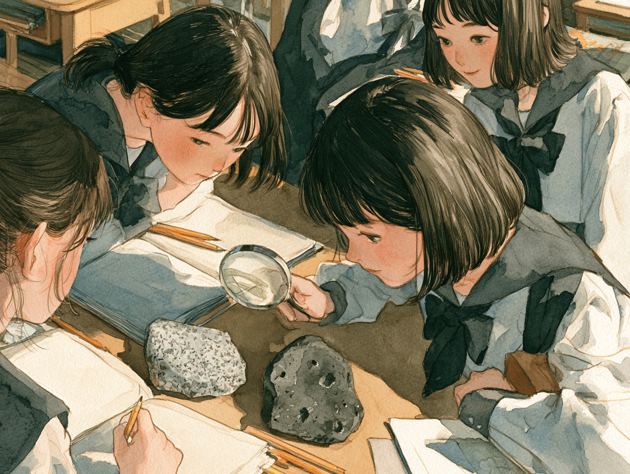narZE 中高生 — 机に並べた2つの岩石をルーペで見比べる中学生・高校生の水彩画