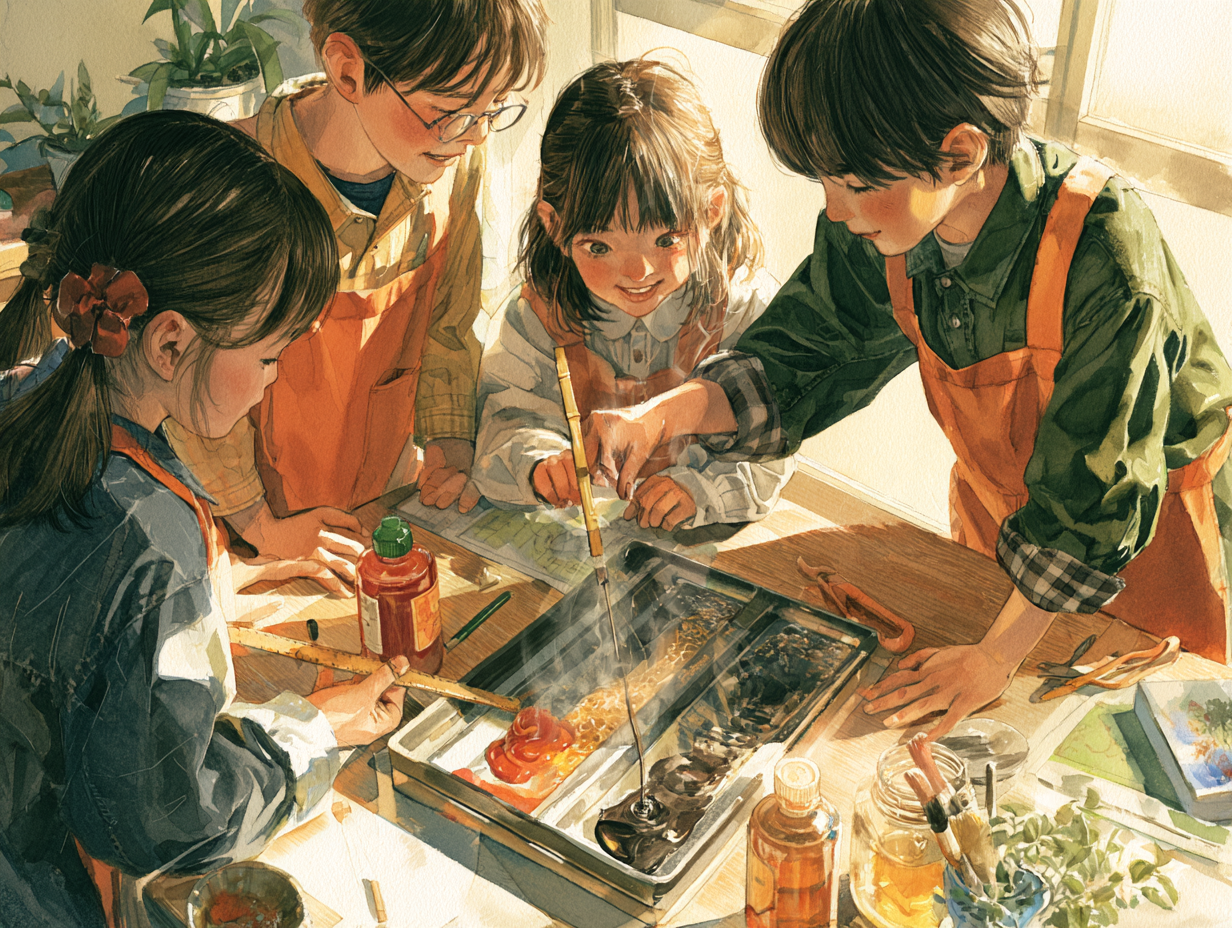 narZE 小学生 — 坂に流したケチャップやはちみつを、ものさしと竹串で測る小学生たちの水彩画