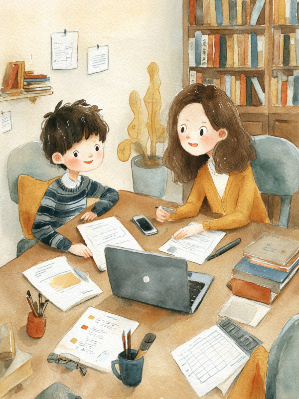 ノートパソコンと資料を広げ、スタッフと並んでレポート学習を進める高校生の水彩イラスト