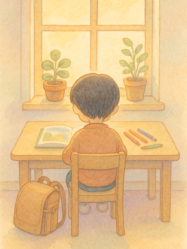 窓辺の机で本を広げる小学生と、床に置かれたランドセルの水彩イラスト