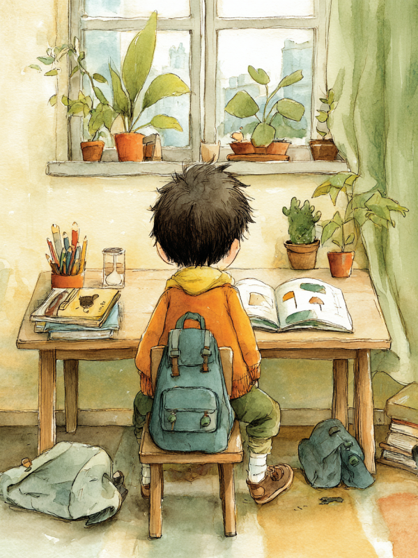 窓辺の机で本を広げる小学生と、床に置かれたランドセルの水彩イラスト