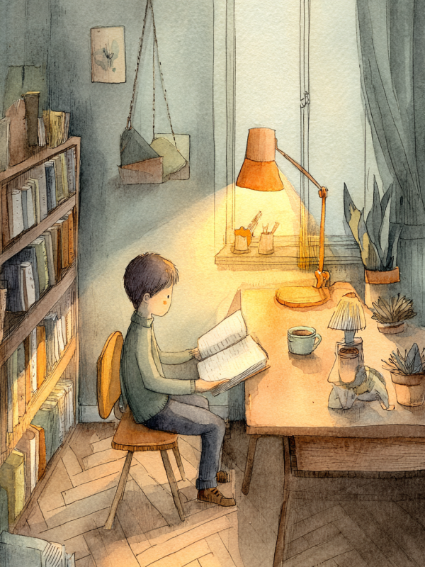 朝の光が差す静かな書棚のそばで、ひとり本を読む中高生の水彩イラスト