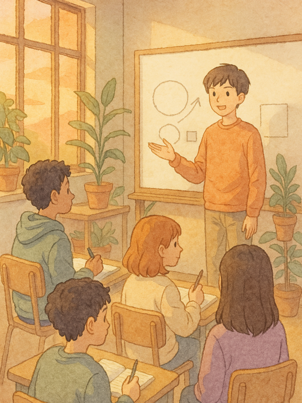 仲間の前で発表する中高生の水彩イラスト