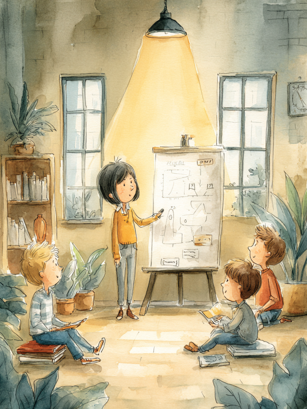 仲間の前で発表する中高生の水彩イラスト
