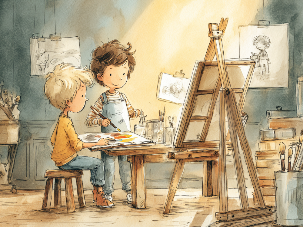 イーゼルに向かって油絵を描く中高生と、絵具を混ぜたパレットの水彩イラスト