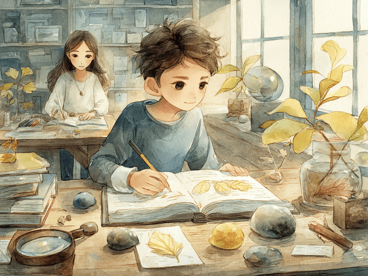 窓辺の机で、拾った葉や石を並べたノートに夢中で描きこむ中学生と、その後ろで学ぶ生徒の水彩イラスト