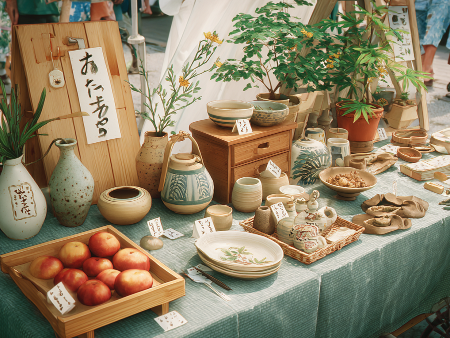 手作りの織物や陶器に値札を添えて並べたマルシェの出店テーブルの水彩イラスト