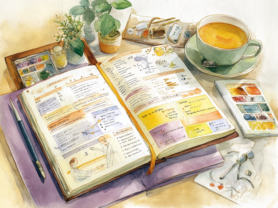 自分のことを書き出したワークブックと鏡が並ぶ机の水彩イラスト