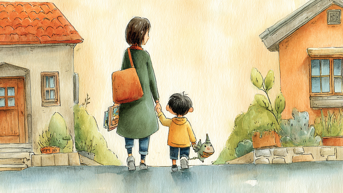 夕暮れの住宅街を、作った作品を手にした子どもと手をつないで並んで歩く保護者の後ろ姿の水彩イラスト