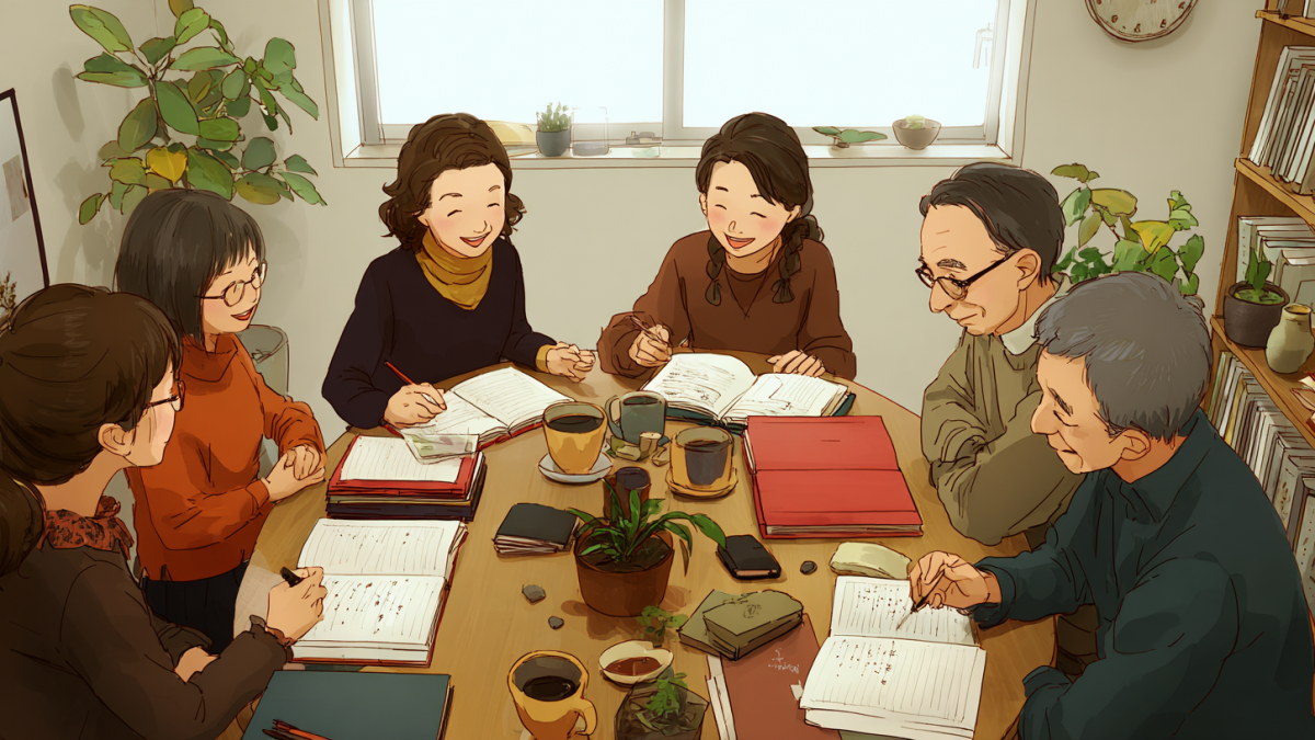 明るい部屋のテーブルを囲み、ノートを広げて話し合うスタッフたちの水彩イラスト