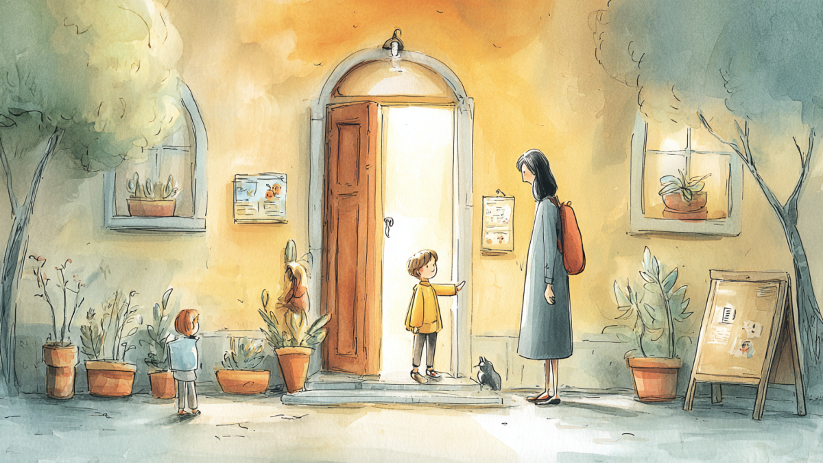 明かりのともる木の扉の前で、訪ねてきた親子をスタッフが迎える水彩イラスト