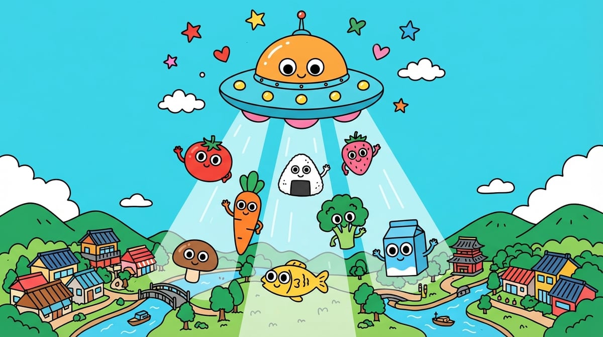 空にうかぶ円盤から、野菜や魚のすがたをしたショックザーイ星人が日本のまちにおりてくる食図鑑の公式イラスト