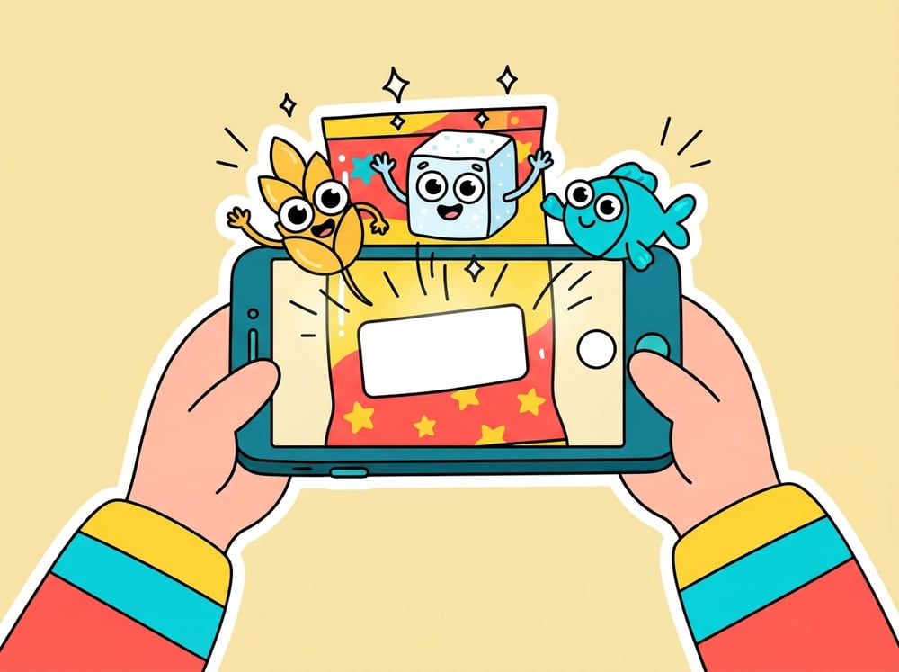 子どもがスマホで食品の原材料名をスキャンし、こむぎ・さとう・いわしのキャラクターがとび出してくる食図鑑の公式イラスト