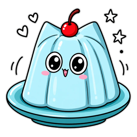 さくらんぼをのせた、水色のぷるんとしたネコの顔のゼリーのキャラクター「ゼリーネコ」