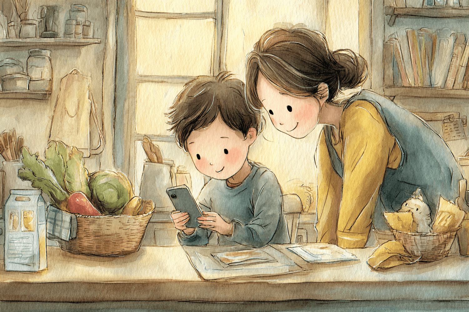 台所のテーブルで、おかしの袋のうらにスマホをかざして原材料名を読む小学生と、となりでのぞきこむ保護者の水彩イラスト