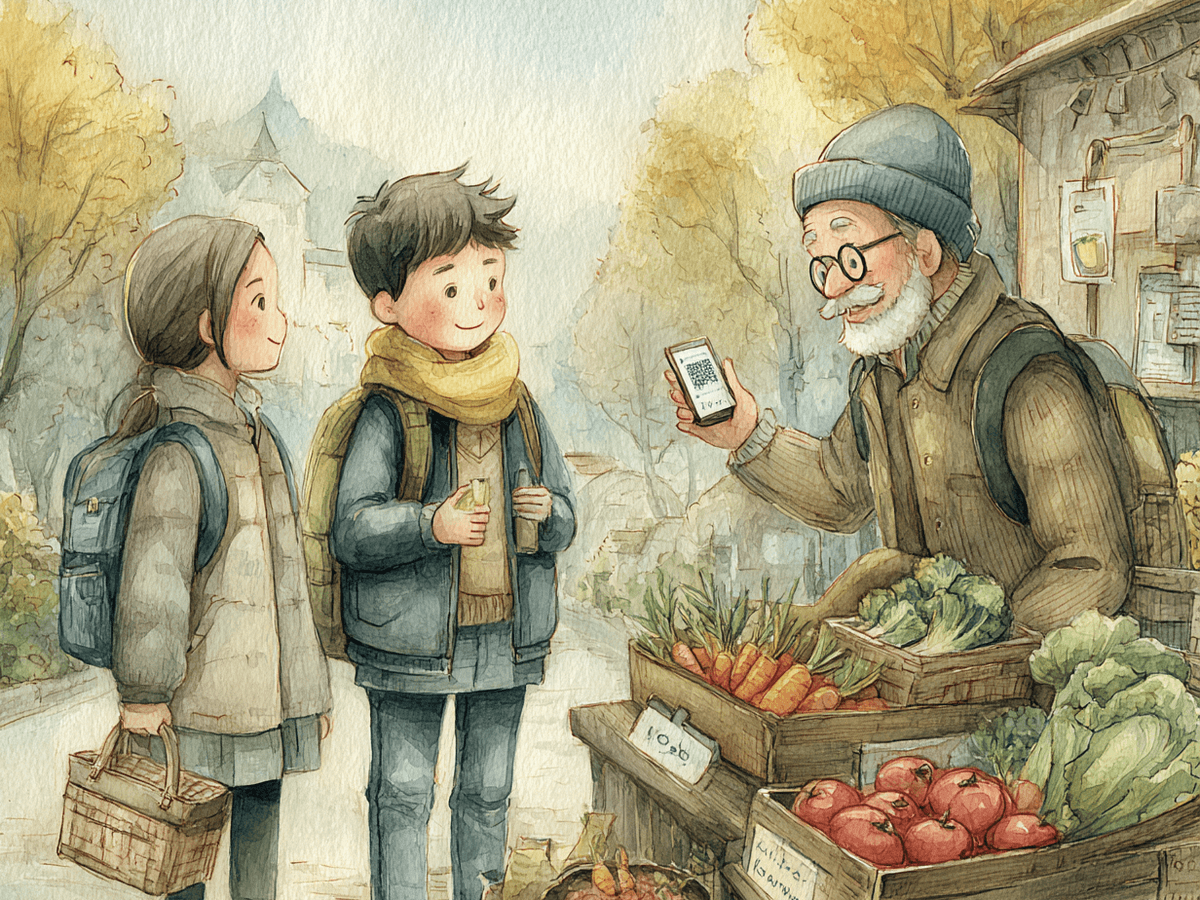まちの小さなマルシェで、野菜を育てる生産者さんと話しながらスマホをかざす中学生たちの水彩イラスト